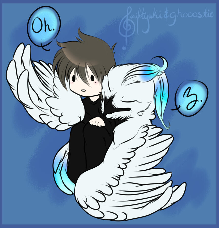 doodle of my were-birdsona giving Ghooostie a hug