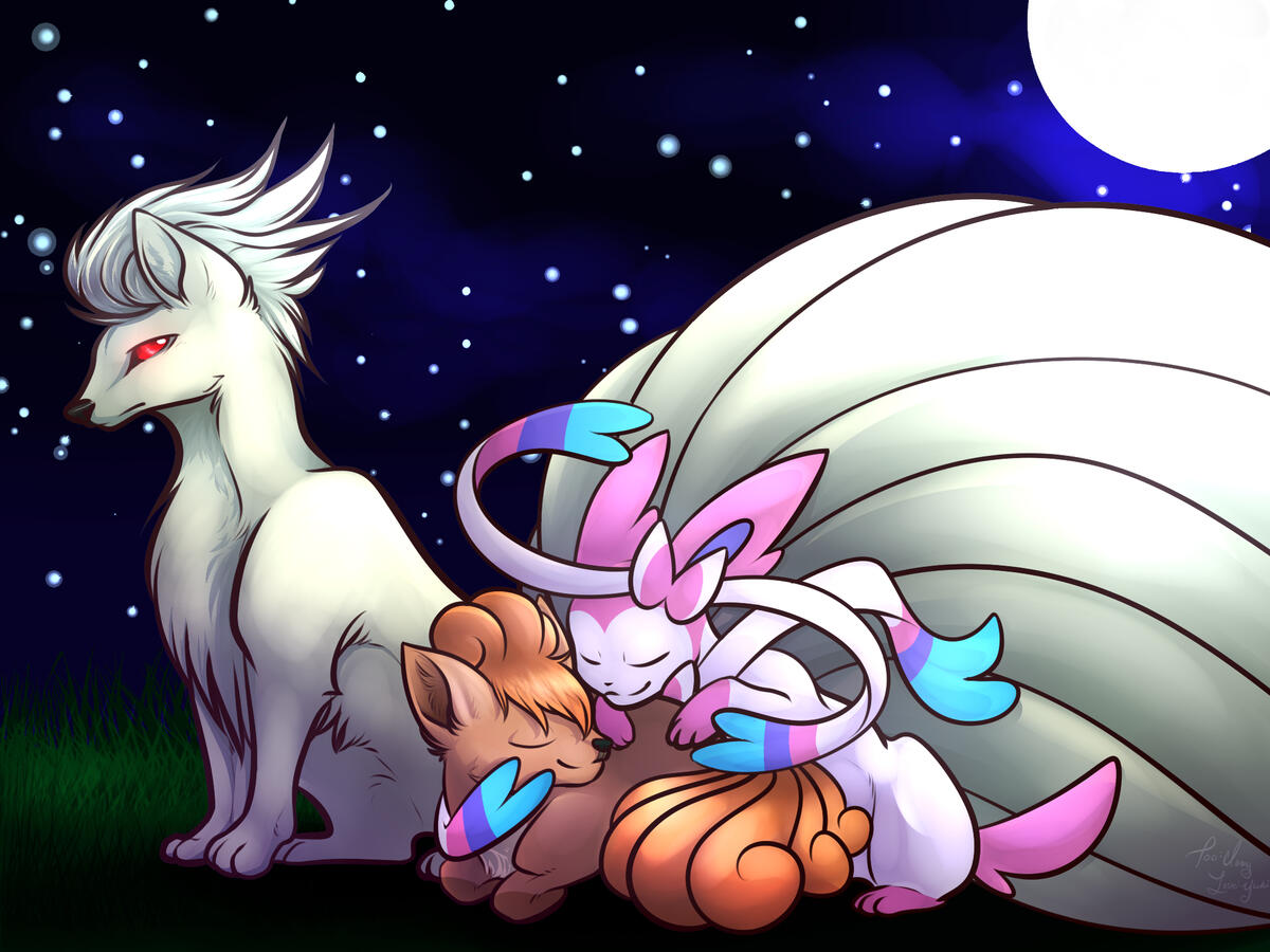 commission for Ghooostie of a sylveon, ninetails, and a vulpix